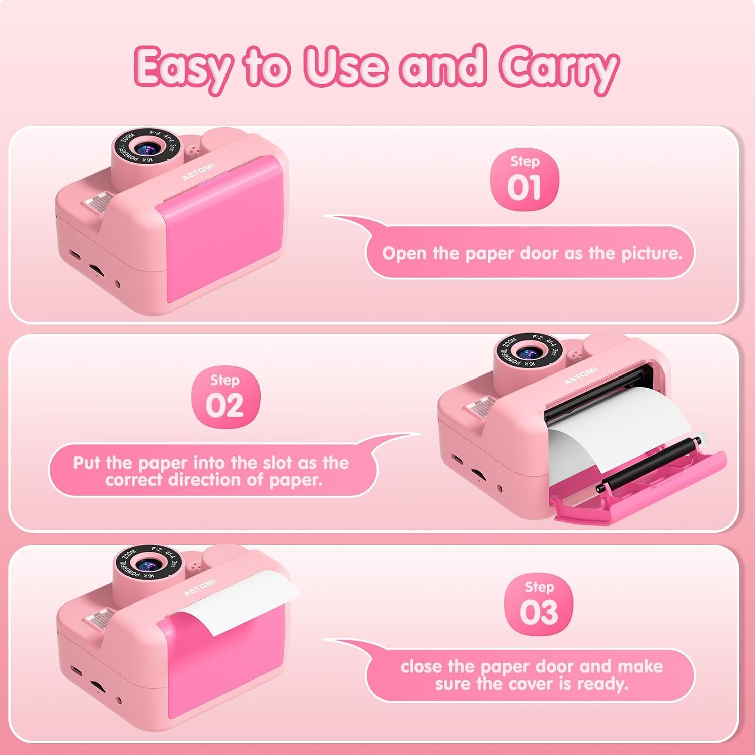 ASTGMI Appareil Photo Instantané, 2.4" Écran Appareil Photo Enfant avec Papier d'impression et Carte 32GB, Mode Selfie et Video, Cadeau Jouet pour Enfant Garçons Filles de 3-14 Ans(Rose)