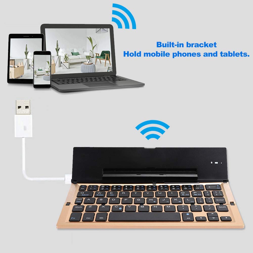 Bewinner Klawiatura do tabletu składana, przenośna mini klawiatura ze stopu aluminium bezprzewodowe akcesoria komputerowe ze stojakiem na telefony komórkowe i tablety złota