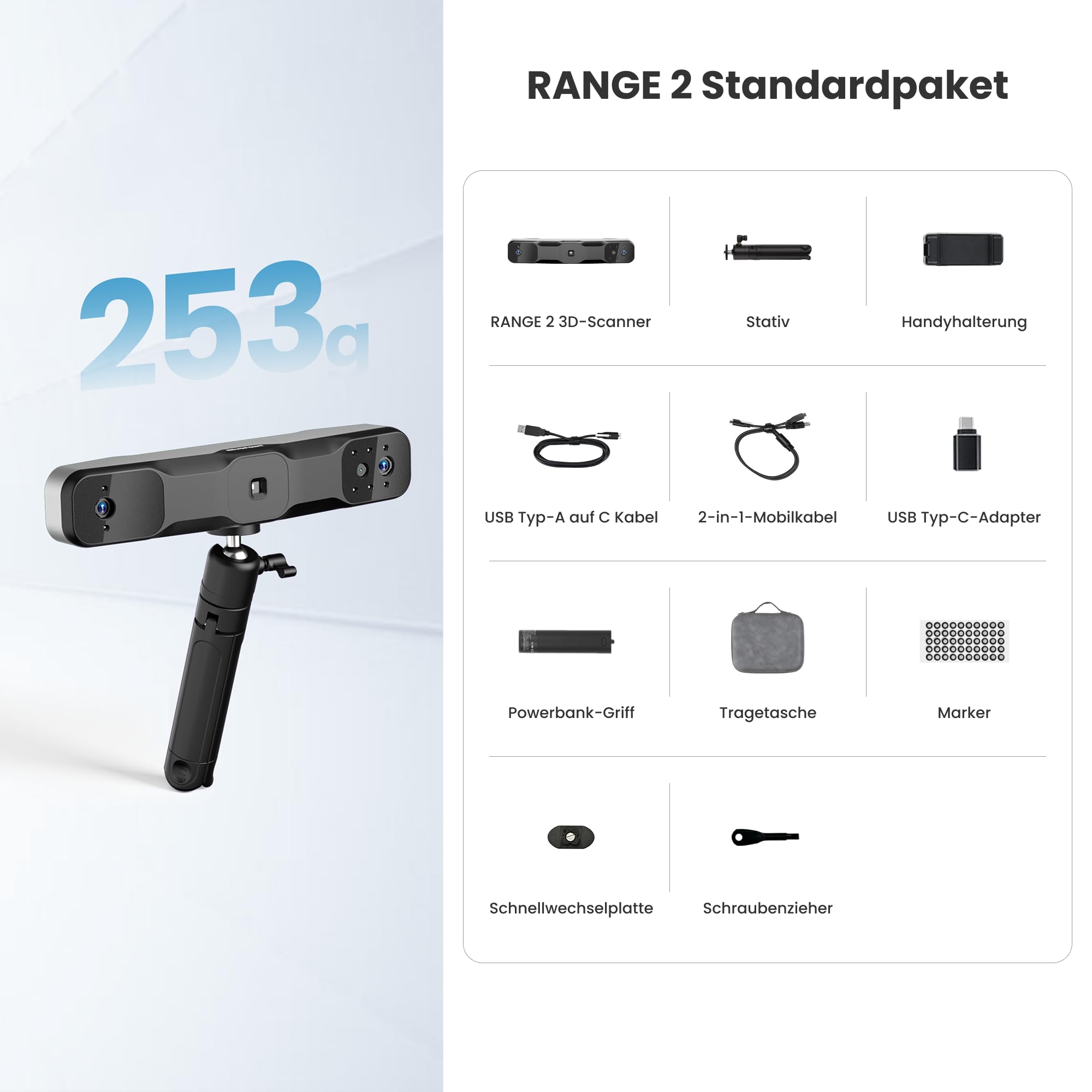 Revopoint RANGE 2 3D-Scanner Handheld, 0,1 mm Präzision, Tragbarer 3D-Scanner, Eingebaute RGB-Farbkamera, Unterstützt Körper- und Gesichtsscans, Reverse Engineering, Windows/Android/iOS/macOS