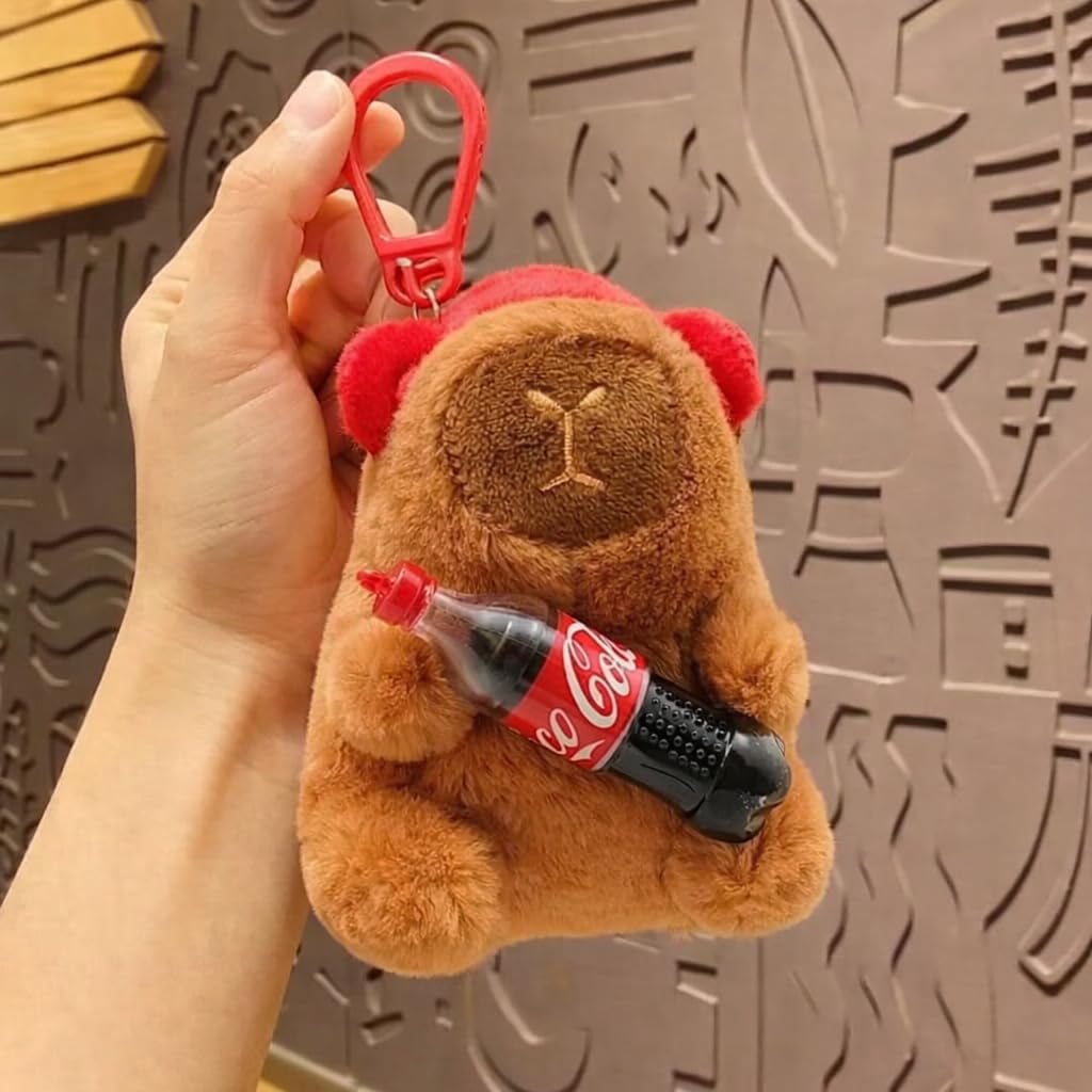 Cute Capybara Plush Keychain with Mini Coca-Cola Bottle or Can, Soft Stuffed Animal Bag Charm Pendant-image-14