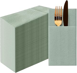 PAW - Sage Linen Feel Napkins with Built-in Flatware Pocket, Airlaid Paper Pre-Folded Napkins for Silverware, Wedding Party, Dinner, Birthday, Gatherings, Monocolor Light Green, 50 Count