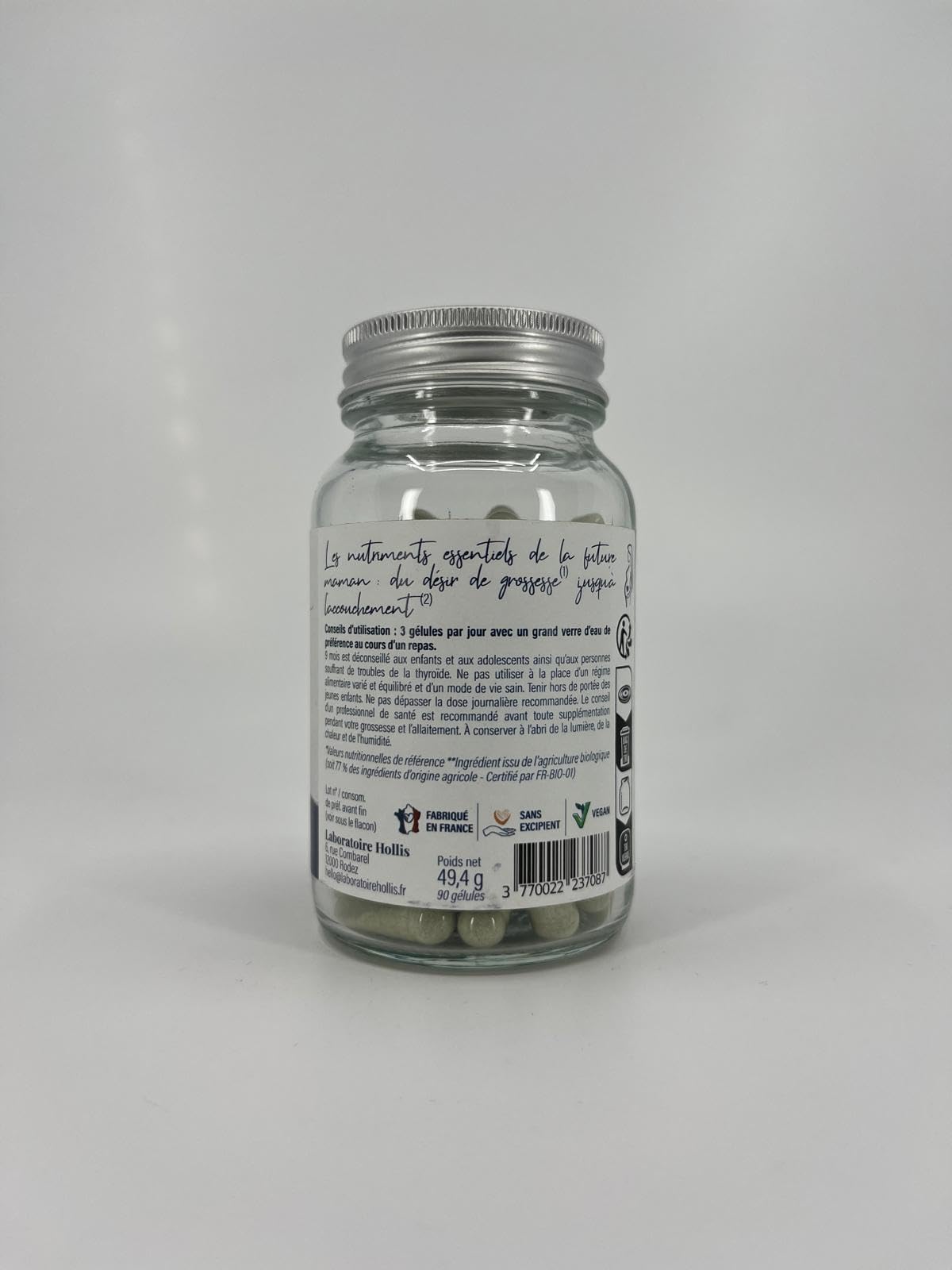 Hollis 9 Mois - Complément Alimentaire Grossesse - Vitamine B9 Quatrefolic, Choline, Iode, Magnésium, Vitamines B, C, D3, E, Zinc et Sélénium - 90 Gélules Végétales - Sans Fer