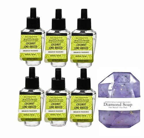Bath and Body Works 6 Pack Coconut Lime Breeze Wallflowers Fragrance Refill. 0.8 Oz. and Diamond Soap Natural