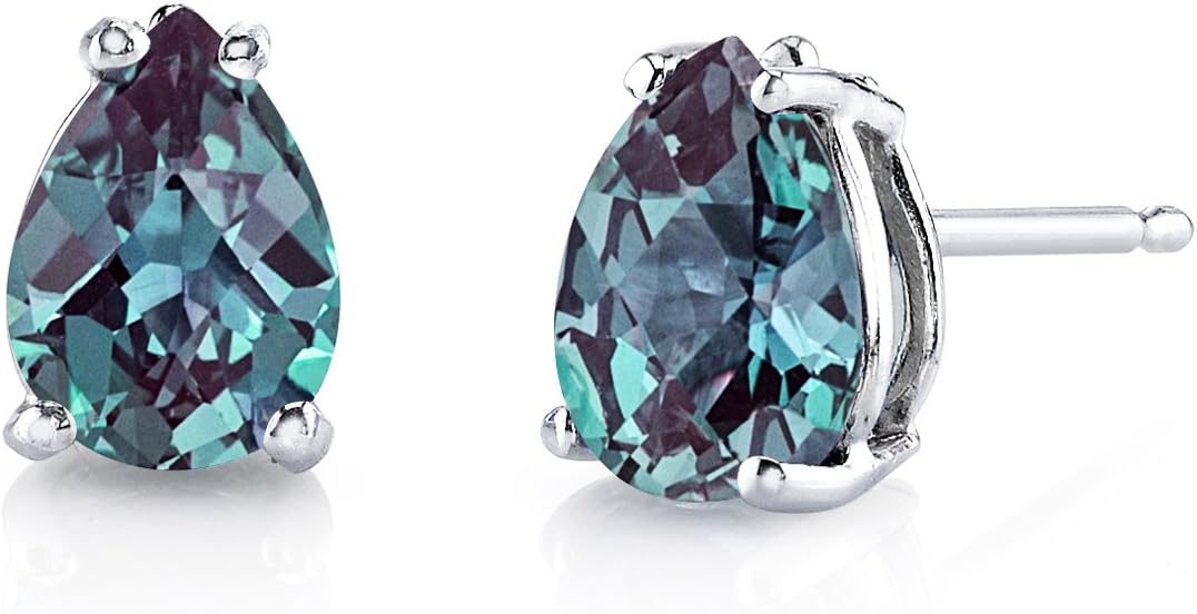 Peora Created Alexandrite Earrings for Women 14K White Gold, Classic Solitaire Teardrop Studs, Color-Changing Pear Shape 7x5mm, 1.75 Carats total, Friction Back, Change Jewelry