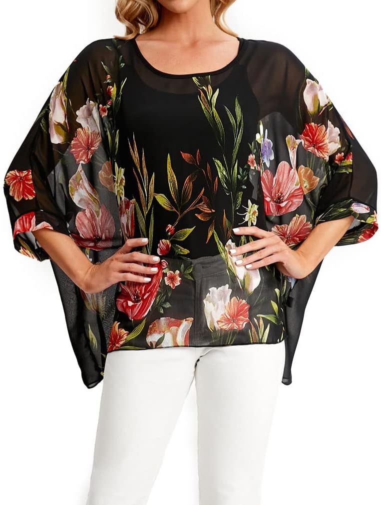 Rokou Women's Floral Blouse Loose Batwing Sleeve Beach Chiffon Poncho Sheer Tunic Tops - Image 2