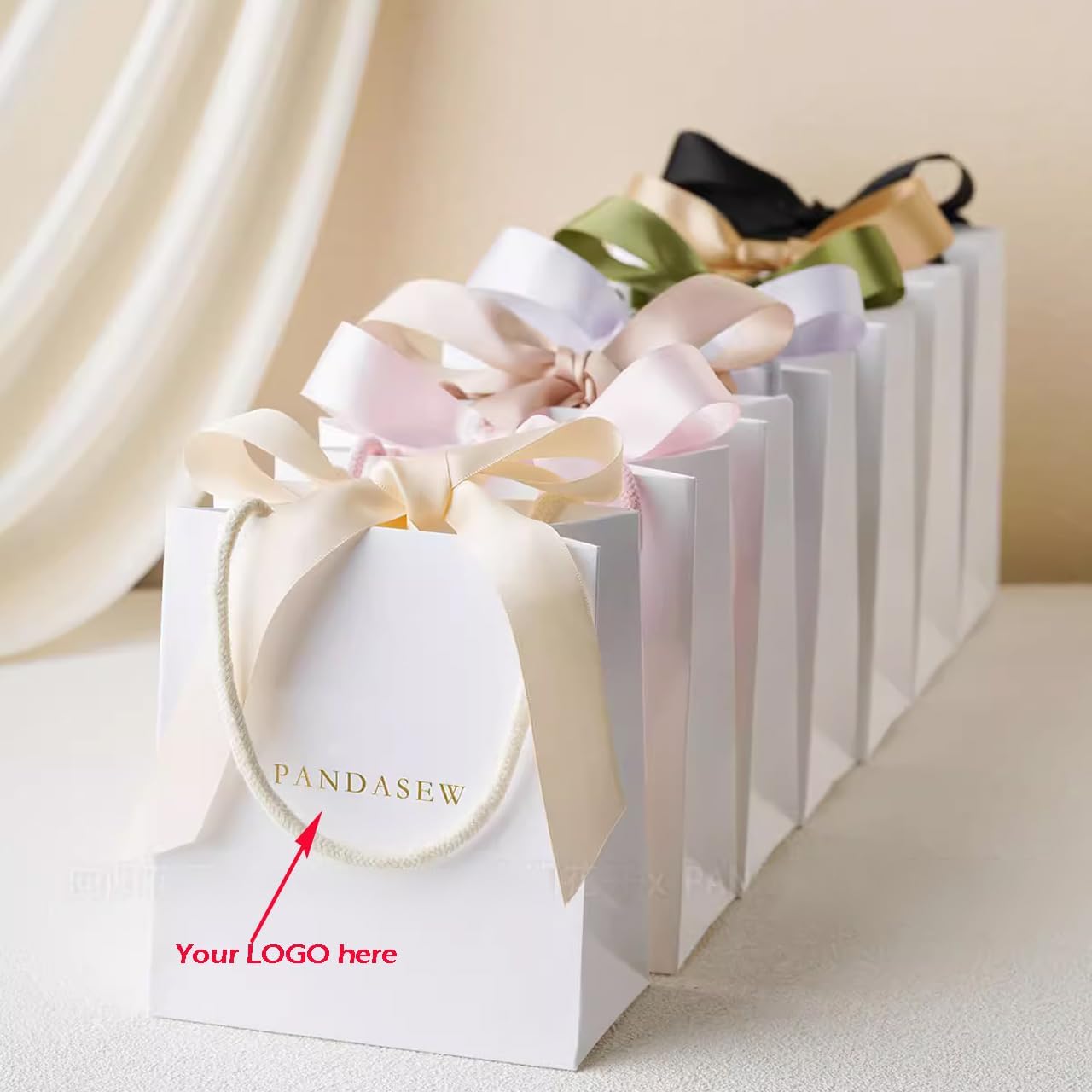 Luxury white shopping bag with ribbon, custom logo, rope handle, gift packaging jewelry bag, 50 packs