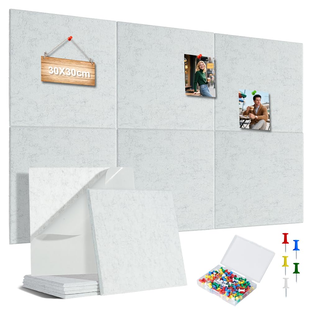 AOOSU Felt Cork Board Tiles 6 Pack, 30x30 cm Self Adhesive Wall Panels, 9mm Thick Sound Absorbent Boards with 100 Colored Push Pins for Home Office School Bedroom Wall Decor