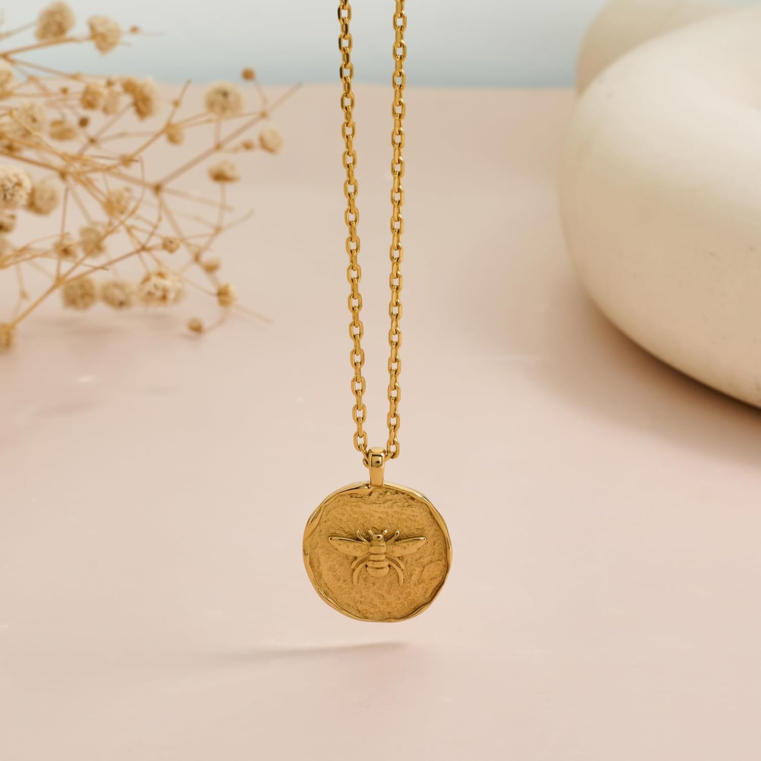 Bee Pendant Necklaces for Women Coin Embossed Choker Necklace Stylish Minimalist Design Pendant Necklaces Gold Plated Round Pendant Personalized Necklace Gift - Image 6