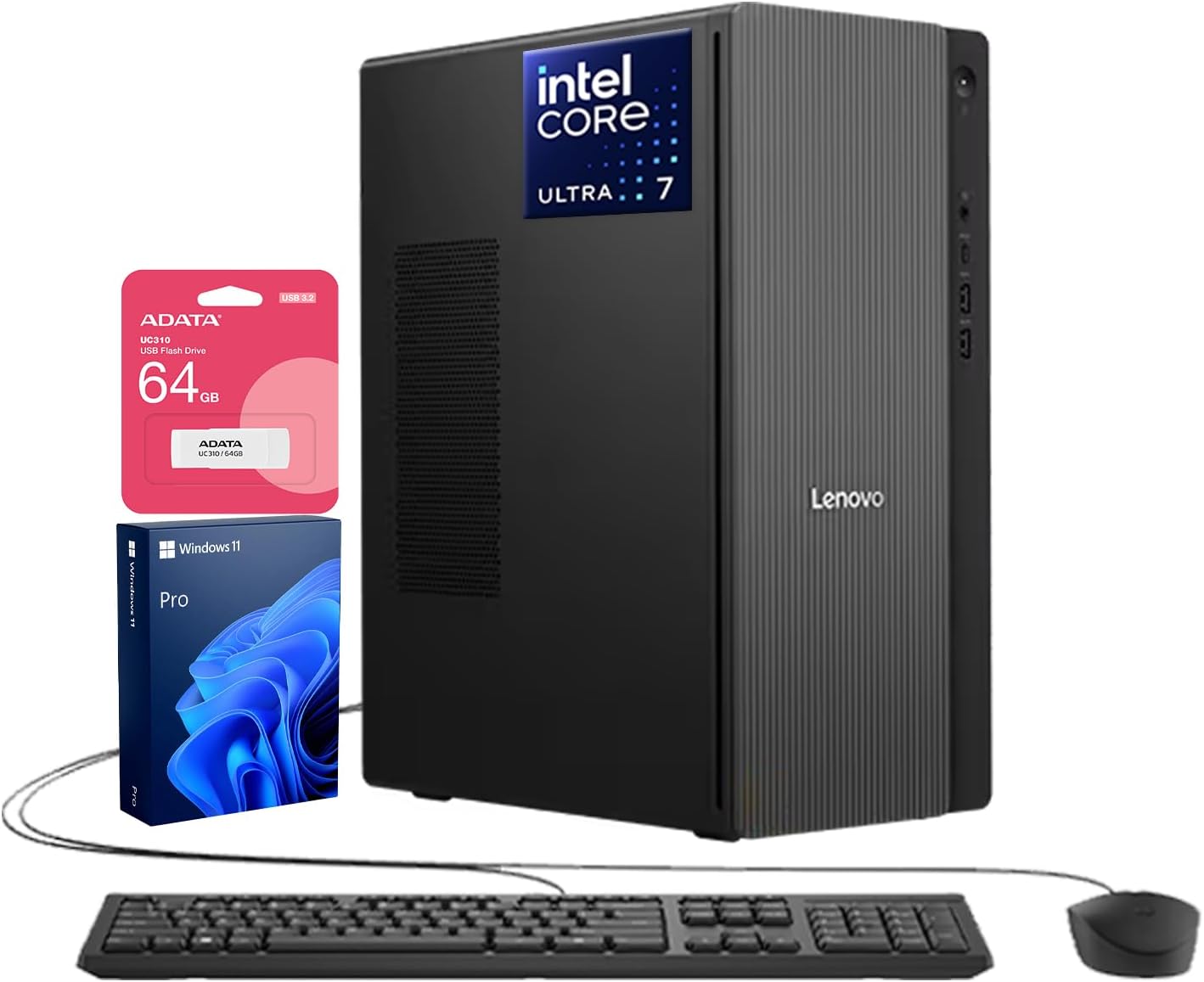 Lenovo 2026 IdeaCentre Secure & Productive Business Tower Desktop, Ultra 7 265, 32GB DDR5 RAM, 2TB SSD, Wi-Fi 6, HDMI, Win 11 Pro, Wired Keyboard & Mouse, Bundle with ADATA 64GB USB Flash Drive