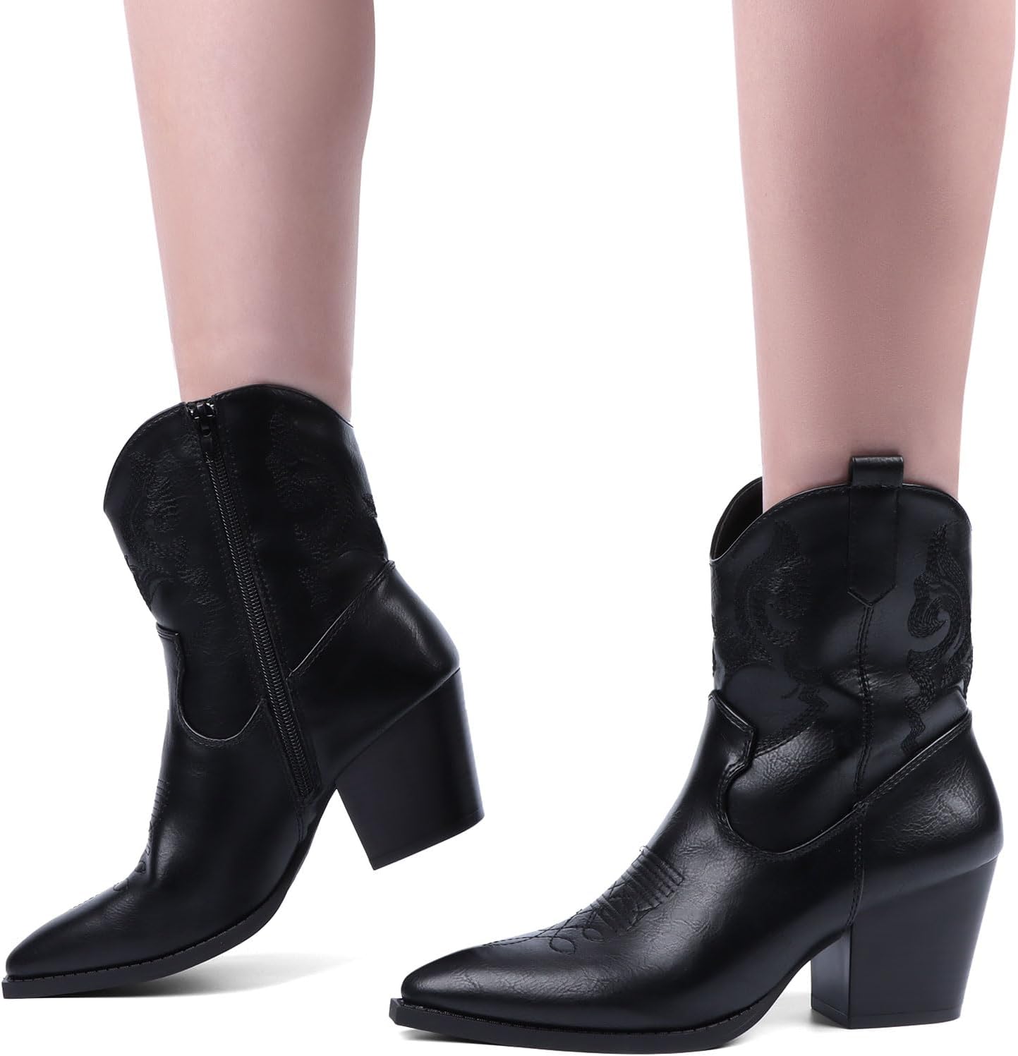 Women Ankle Cowboy Boots Western Cowgirl Boots Pointed Toe Booties Chunky Heel Embroidered Upper Zipper Pull on Ladies Short Boot