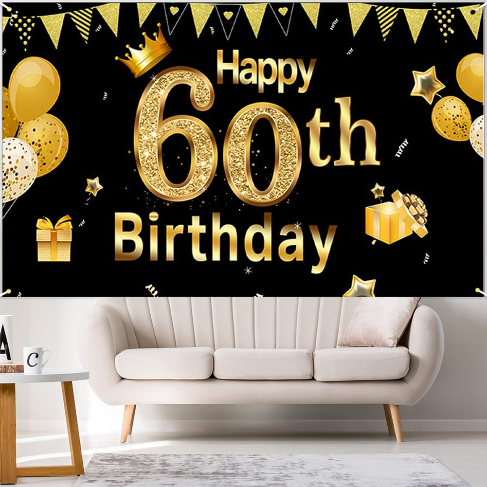 Banner Per 60° Compleanno Nero Oro – Sfondo In Tessuto 185x110 Cm Con Scritta Happy Birthday, Ideale Per Decorazioni Festa E Foto - 4