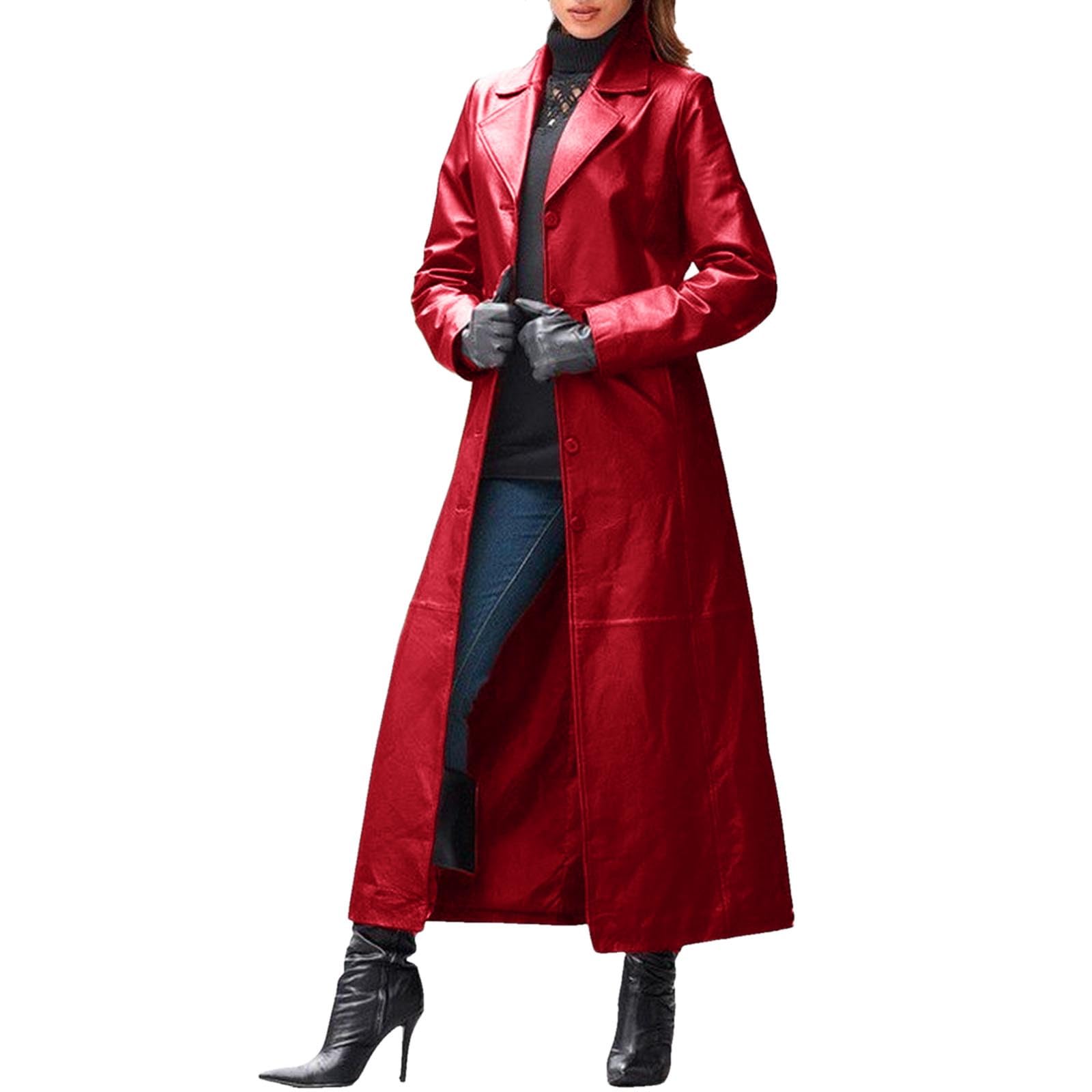Generisch Trench en cuir synthétique pour femme - Coupe longue - Avec col à revers et fermeture à boutons - Élégante veste de moto pour un style décontracté