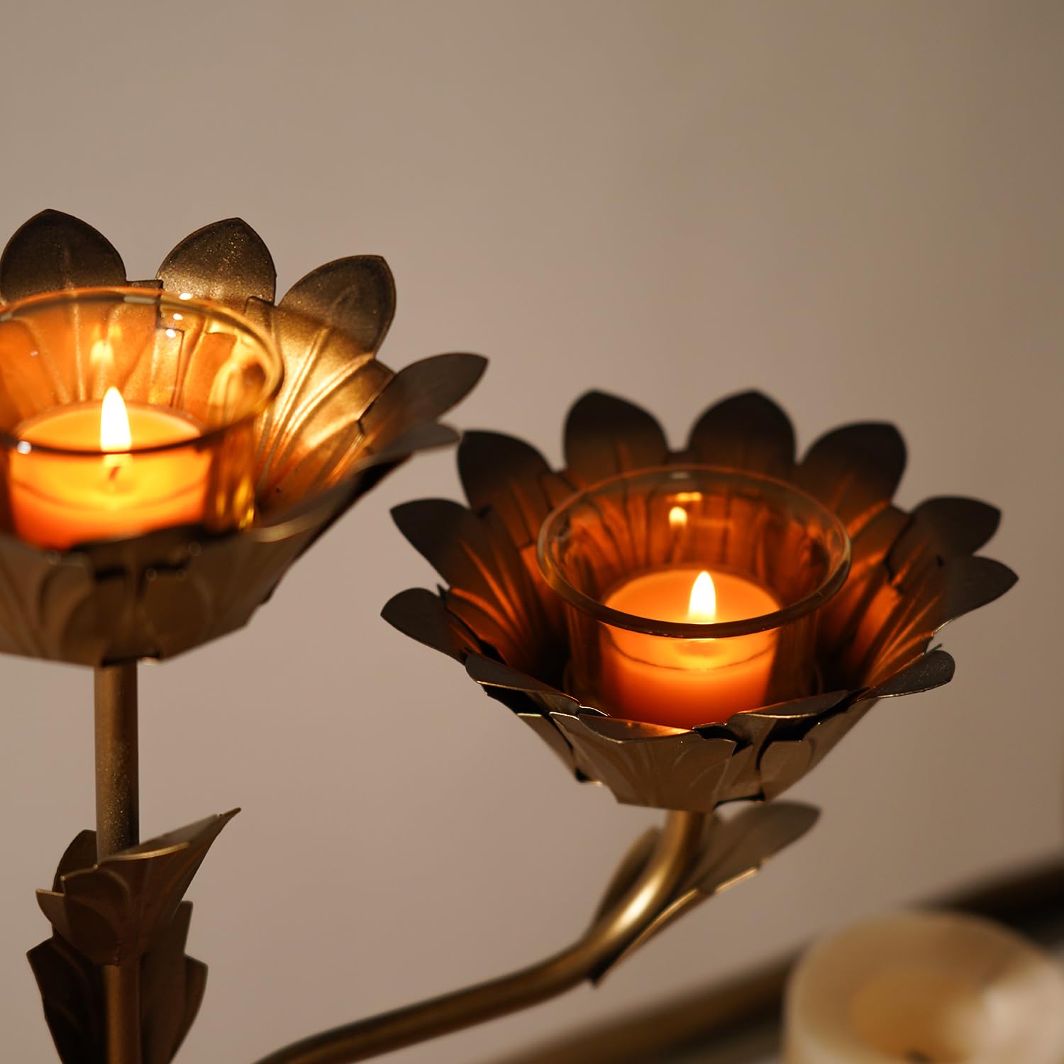 Pure Home + Living Bronze Lotus Shaped 3 Arm Candelabra Taper Candle Holders, Candle Stands, Wedding, Dinning Table Center Piece, Thick Candles for Festival Occasions- for Diwali Decor (Pack of 1)