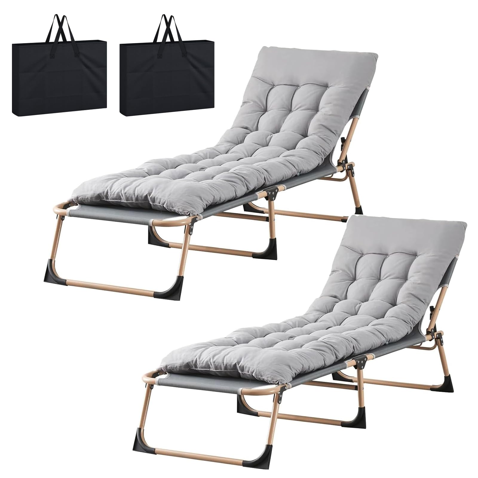 BSTSEL Heavy Duty Garden Sun Lounger with Bag Mattress 22mm Steel Frame Support Adjustable Folding Guest Bed with Cushion Sun Bed for Home Office Beach Garden Patio Pool (2PCS Grey)