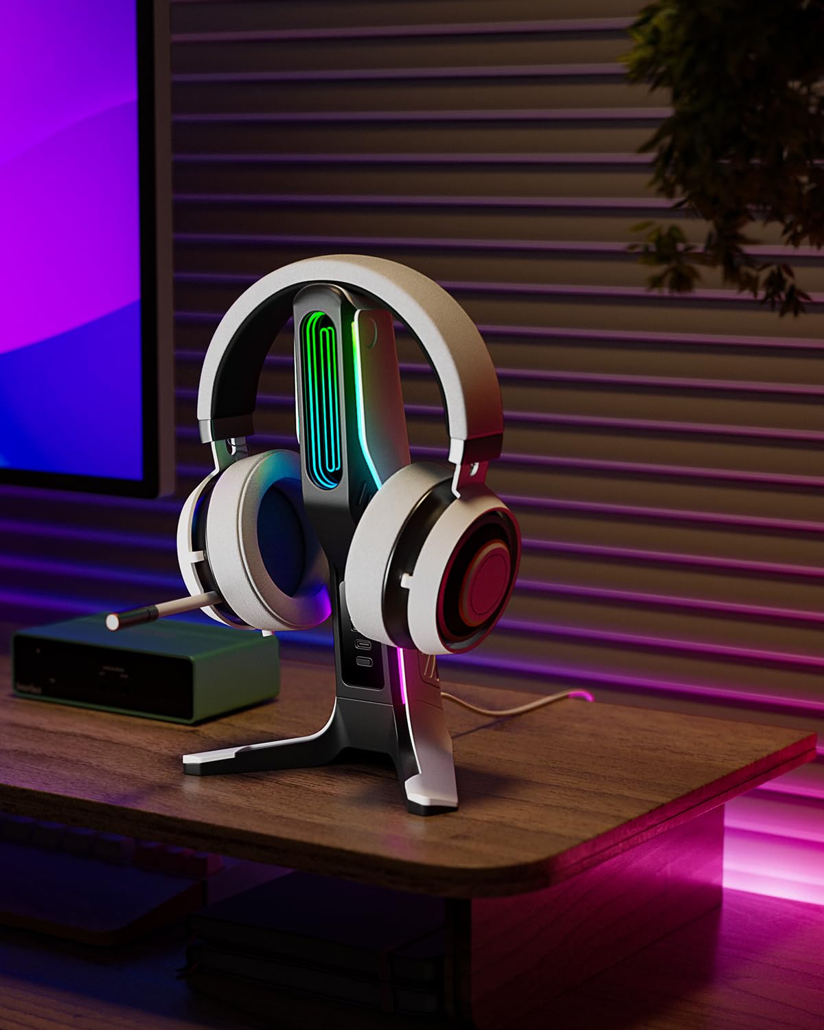 RGB-Gaming-Headset-Ständer mit 2 USB- und 1 Typ-C-Anschlüssen, Spiel-Kopfhörer-Halterung für PC, Xbox One, Xbox Serie S/X, PS5, PS4, Kopfhörer-Halterung, Schreibtisch-Gamer-Zubehör, Schwarz und