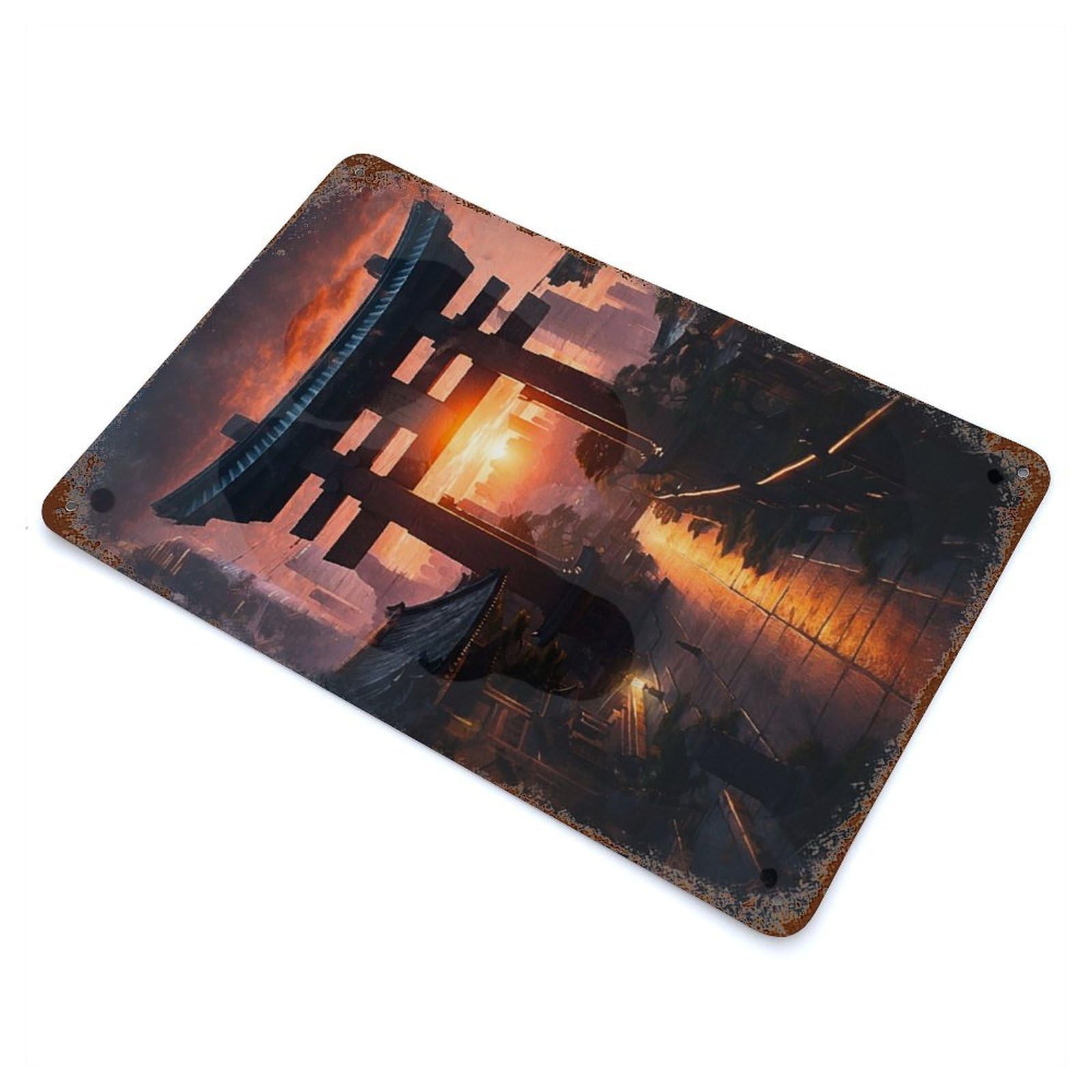 Retro Metal Sign with Pagoda in The Forest Design 11.8"x7.9", for Living Room, Hallway And Home Decor, Vintage Wall Decor