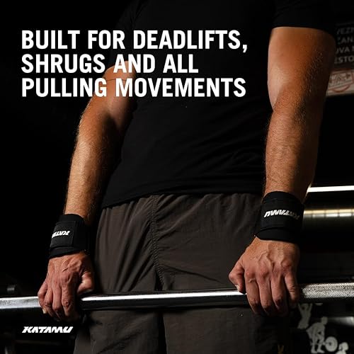 Miniatura 3 de Katamu  Ganchos para levantamiento de pesas (par), correas de muñeca de alta resistencia, soporte de agarre de mano para peso muerto, dominadas,