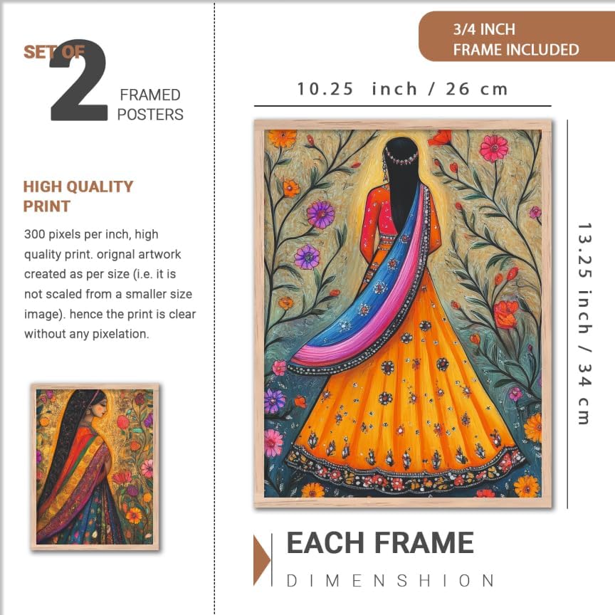 Image of NoWorries Folk Art Wall Art Frame Set of 4 | Traditional Indian Ethnic Painting Wooden Frames | HD Printed Decorative Wall Decor for Living Room Bedroom Office Home Interior