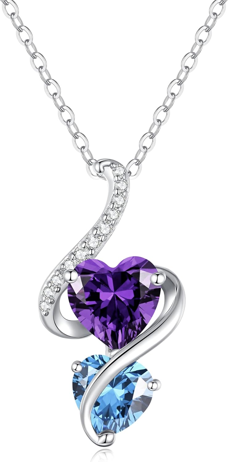 LOUISA SECRET Unique Double Heart Necklace Gifts for Wife Women, 925 Sterling Silver Tiny Birthstone Pendant Jewelry Gift for Her Girlfriend Mom Valentine's Day Anniversary Mother's Day Birthdays & Christmas