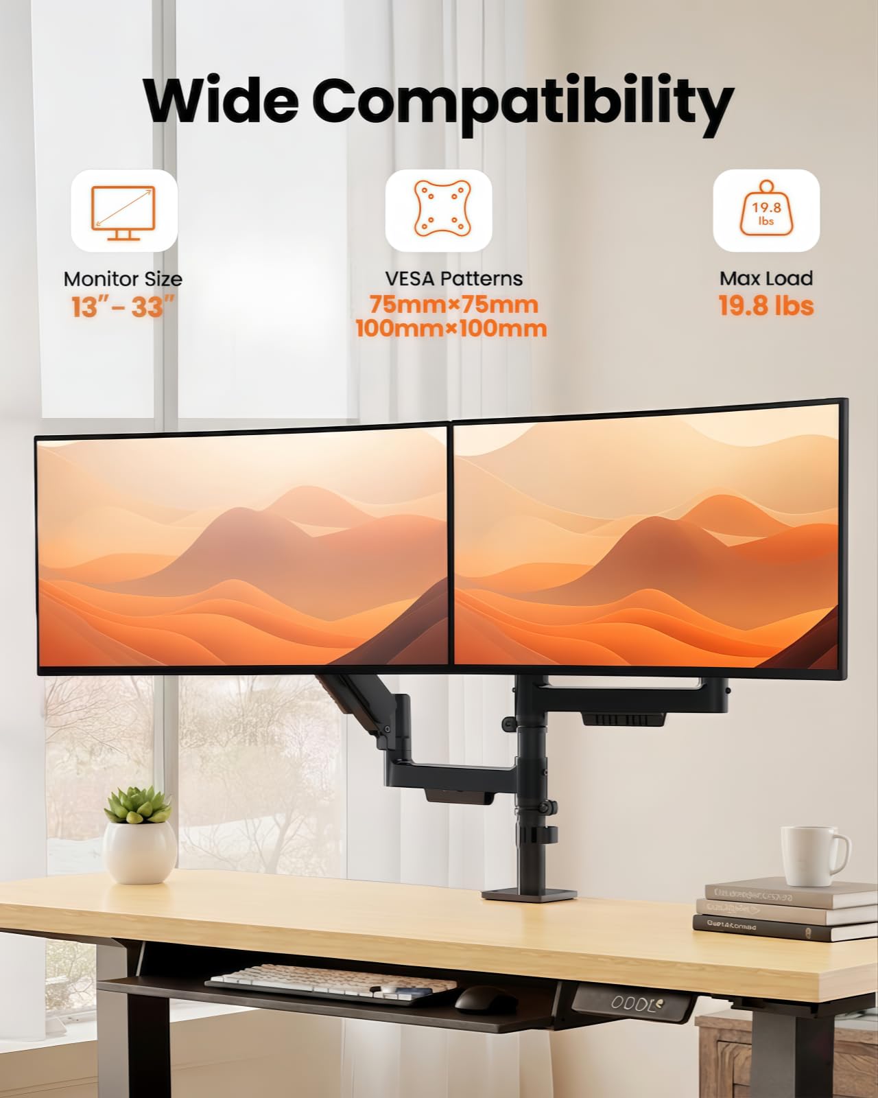 ErGear Braccio Monitor Doppio Verticale, Supporto Schermi 13-32″, fino a 9kg per Braccio, Maggiore Stabilità con Morsetto a C Integrato, Gestione dei Cavi Migliorata, VESA 75x75/100x100 mm, Nero