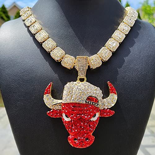 14K Gold plated Large Bull Icy Charm Pendant & 12mm 16" 18" 20" Iced Baguette Stone Chain Hip Hop Jewelry Bling Fashion Necklace2