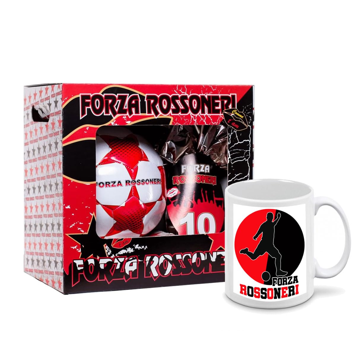 Uovo di Pasqua con Pallone da Calcio N.5 Forza Rossonero + tazza mug in ceramica uovo di cioccolato da 150gr. finissimo cioccolato al latte con pallone + tazza colazione idea regalo tifosi tifo