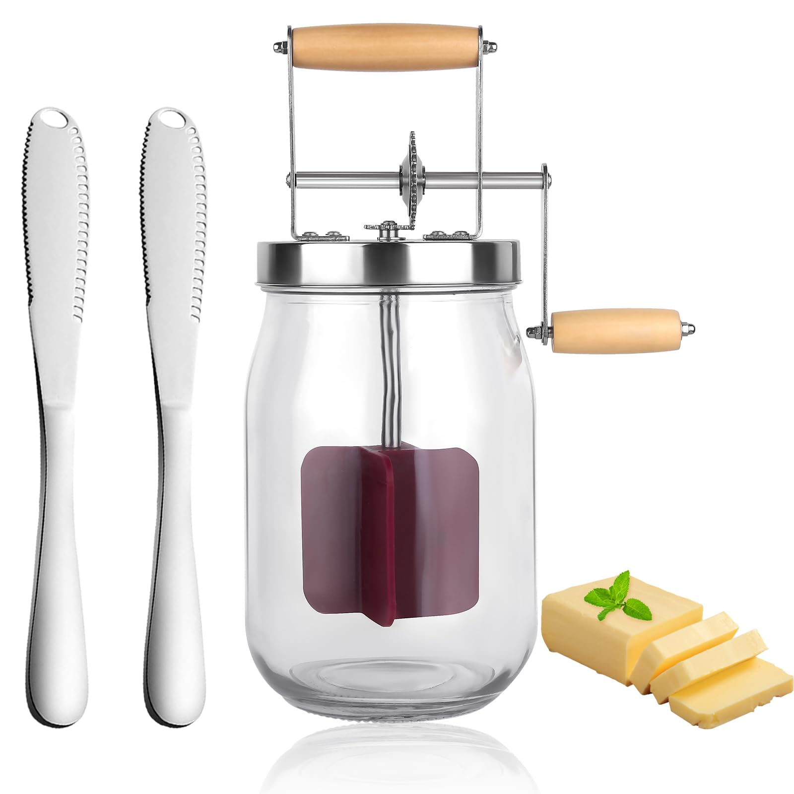 Butter Churn - 0.4 gallons Manual Butter Churner with Butter Spreader Knife, Vintage Mason jars Butter Maker With Wooden Handle Stainless Steel Gear, Silent For Baking of Top Gadgets Butter Maker