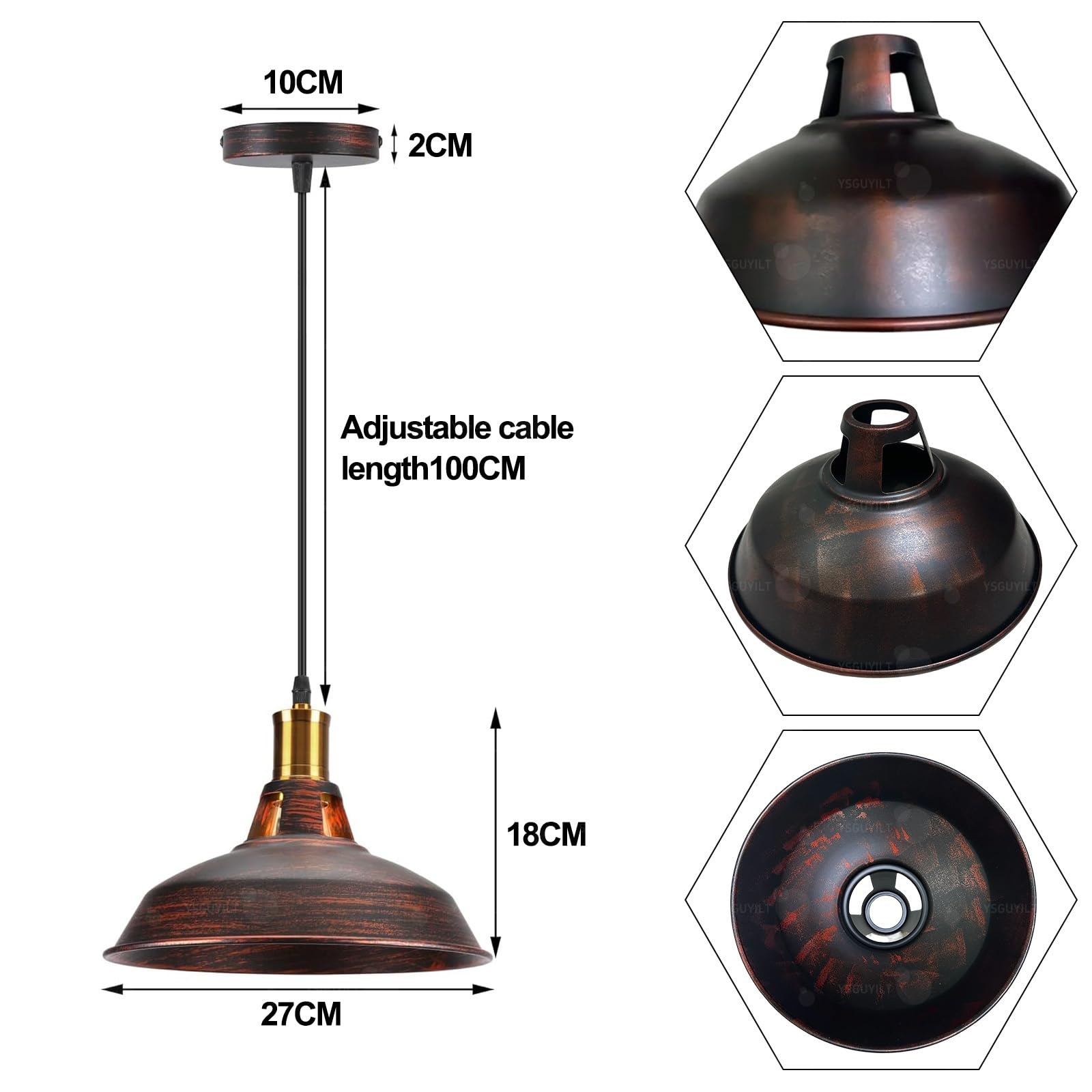 Suspension Vintage ø27cm, Lampe Suspendue Rétro, Style Industriel, Abat-Jour en Métal, éClairage, Douille E27, Luminaire Vintage pour Salle à Manger, Cuisine, Restaurant, Couloir