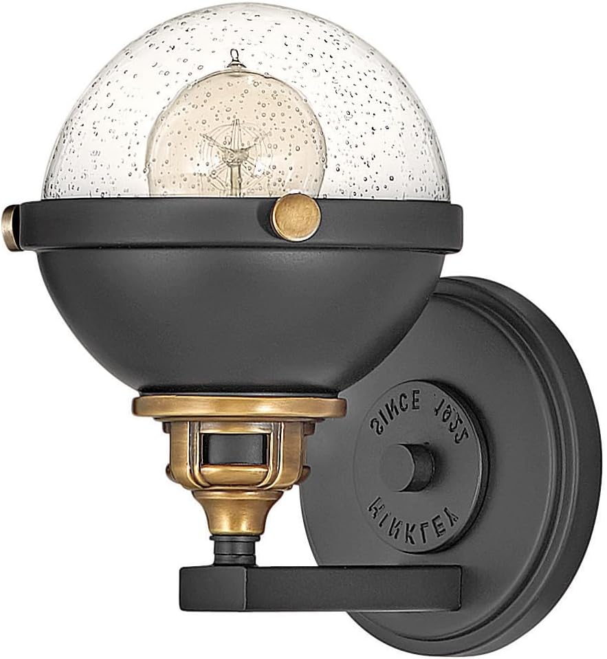 Hinkley Fletcher 5170BK Single Light Vanity Wall Sconce, Vintage Industrial Fixture, Clear Seedy Glass, Bath and Beyond, Black and Heritage Brass