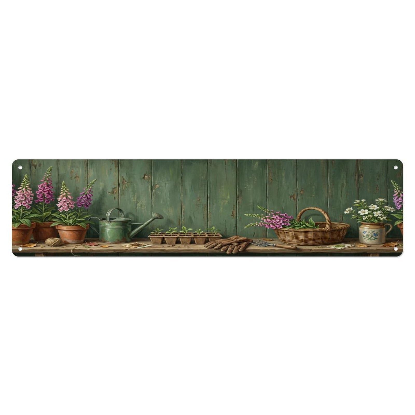 Floral Garden Tools Foxglove Shed Pattern Print Metal Tin Sign