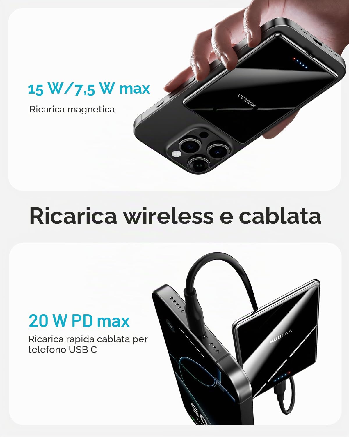 Kuulaa Magsafe Power Bank Ultra-Sottile Caricatore Wireless Portatile 5000mAh Caricatore Telefono Magnetico con Uscita USB-C Compatibile con iPhone Air/16/15/14/13/12 Plus/Pro/Pro Max/Mini, Nero