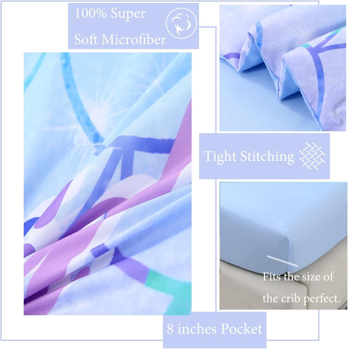 ZRNBAST Mermaid Toddler Comforter Set - 4 Pcs Aqua Blue Purple Gradient Glitter Fish Scale Toddler Bedding Set for Girls Soft Breathable Toddler Bed Sheet Set for Kids