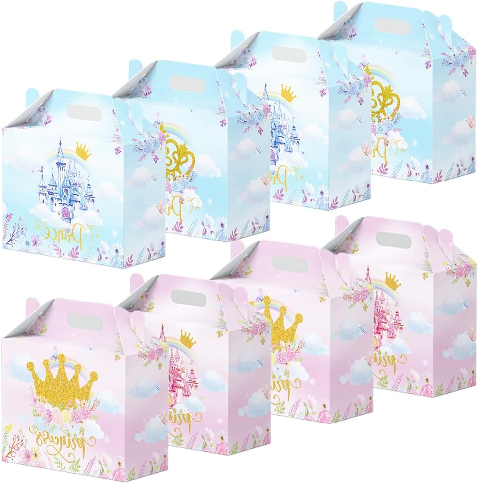 16 Pcs Princess Prince Birthday Party Favor Boxes - Pink & Blue Crown Cardboard Print Party Gift Paper Boxes with Handles, Princess Prince Party,Gender Reveal & Wedding Decorations Supplies(16-princess-box) - Image 2