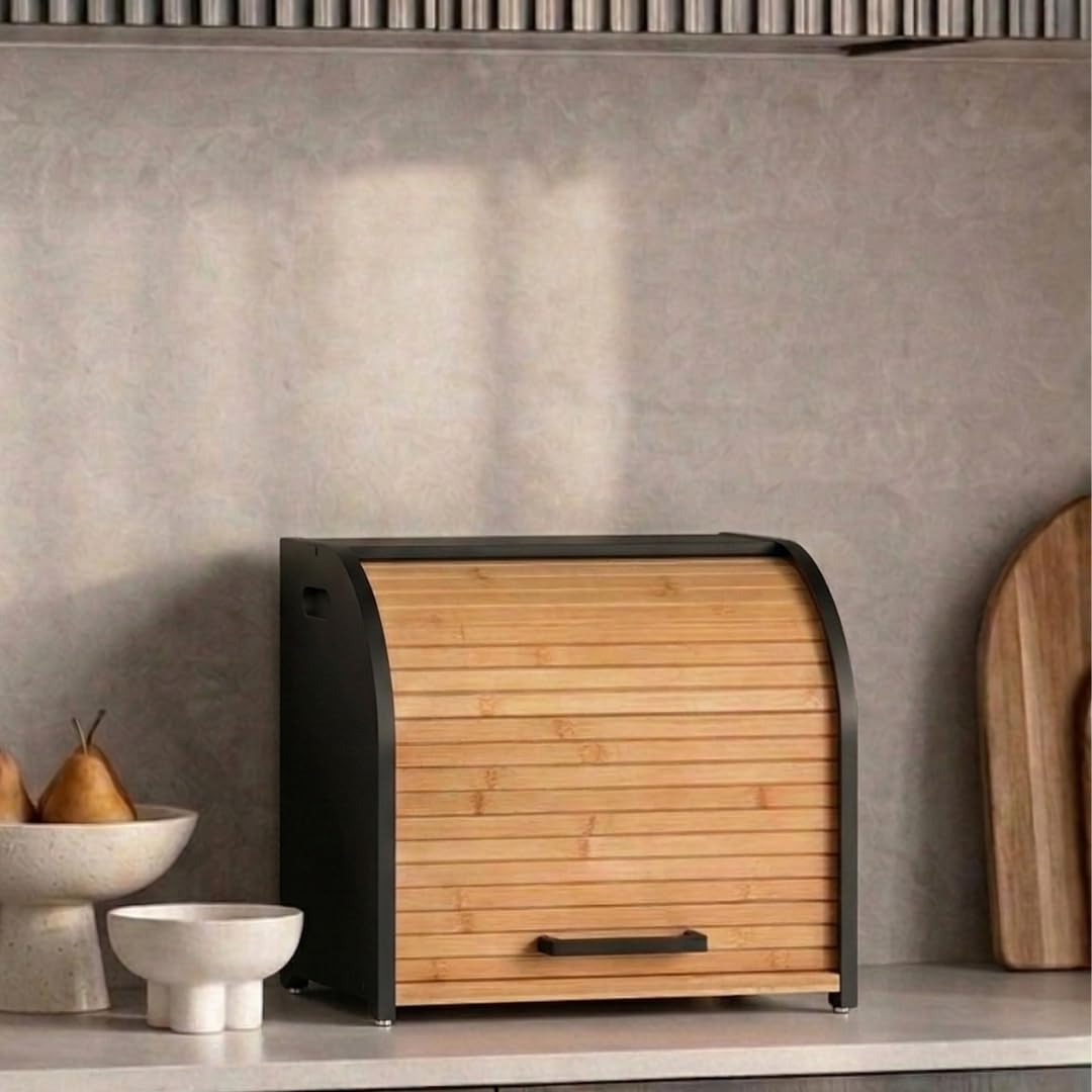FULLY - Panera de bambú de doble capa para encimera de cocina, madera enrollable, almacenamiento extra grande, contenedor de madera moderno (negro)