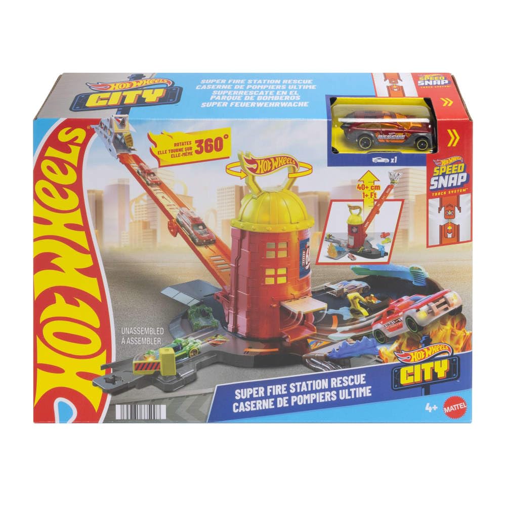 Hot Wheels City Caserne de Pompiers Super Rescue et Camion | Échelle extensible de 40,6 cm et dispose de 4 sorties différentes, rangement facile, comprend un camion à l'échelle 1:64