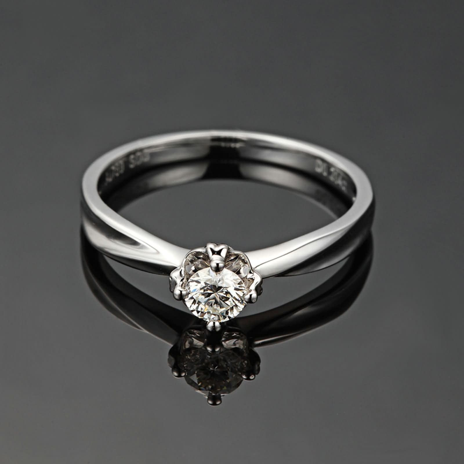 Donna Anello Fidanzamento in Oro Bianco 9 K / 14 K / 18 K, 4 Griffe Solitario Rotondo con Diamante da 0,24ct, Argento Donna Anello Fedi Nuziali