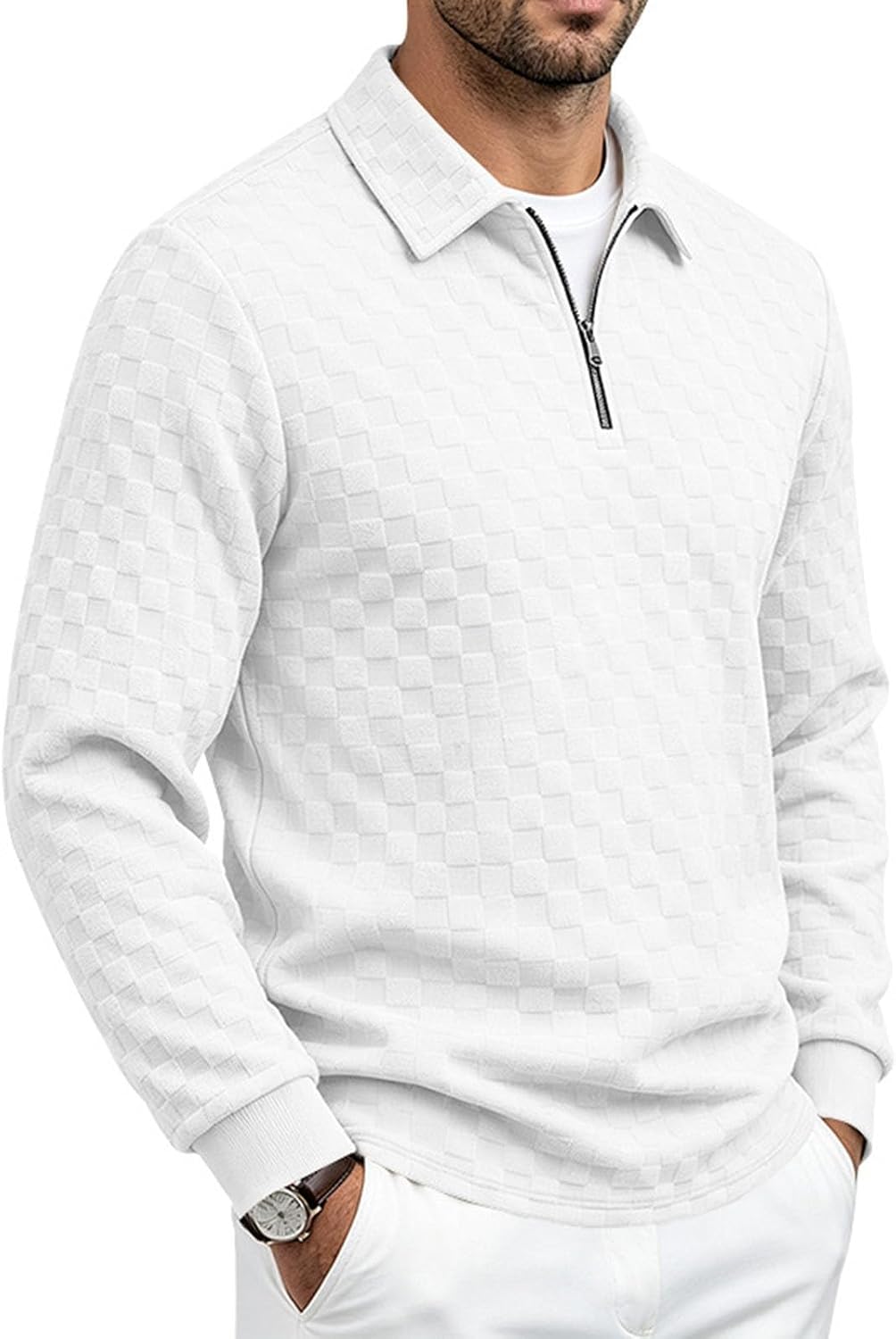 Men's Classic Checkered Shirt Zip Collar Long Sleeve Knit Pullover
