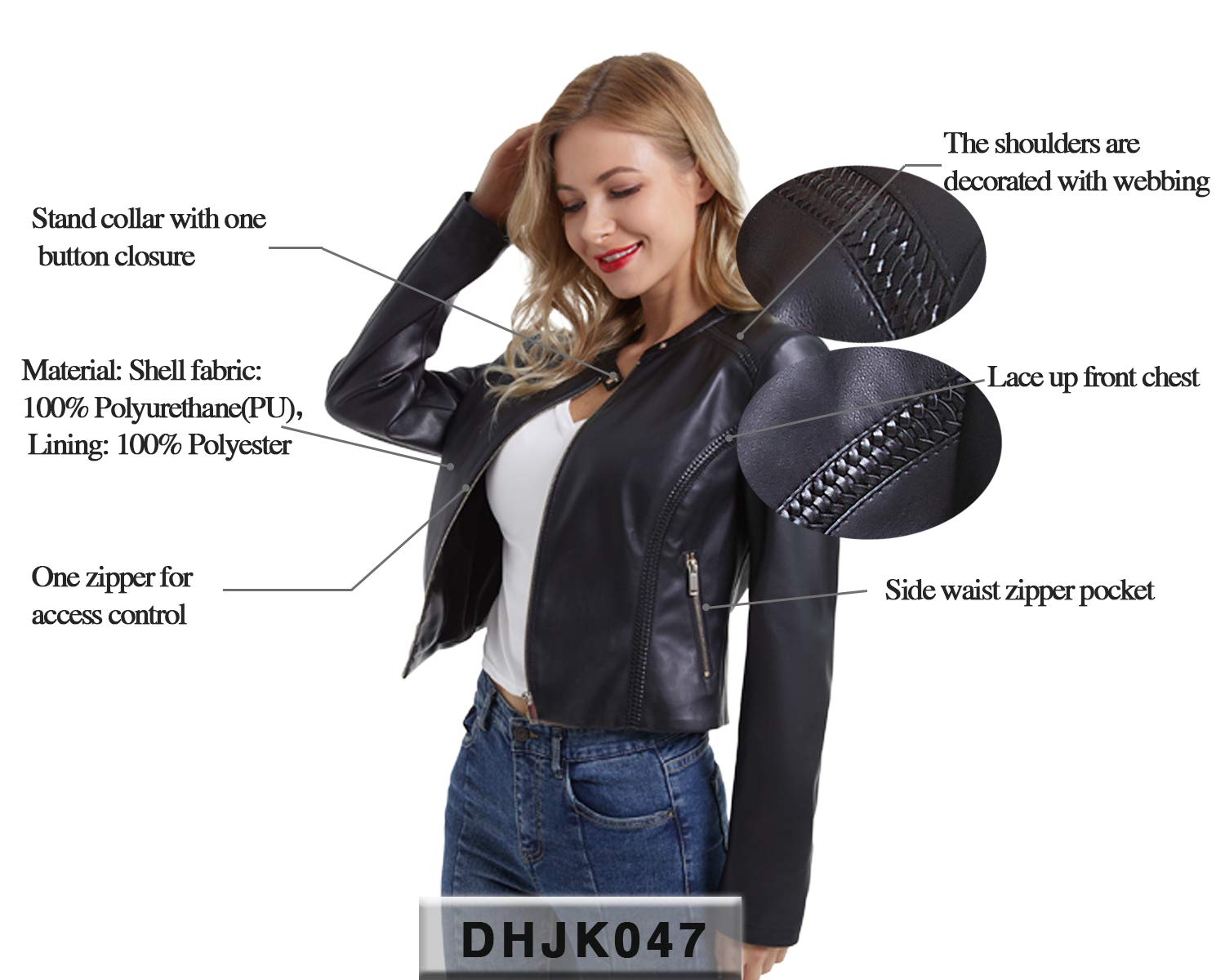 DIASHINY Kunstlederjacke für Damen, Moto-Biker-Mantel mit Reißverschluss, kurze PU-Motorrad-Oberbekleidung