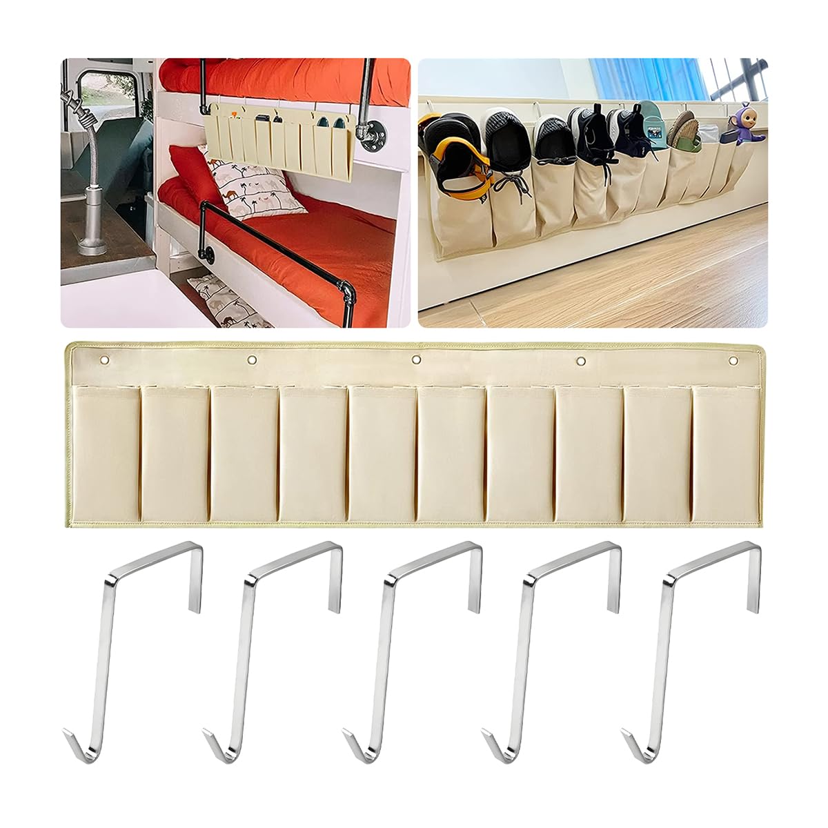 AICEL RV Shoe Storage, 10 Pockets RV Shoe Organizer, Hanging Bedside Storage Pockets for Shoes, Toys and Tools, Length 44 Inches/3.7 Ft, Hanging Shoe Holder with Hooks, Car Accessories (Beige)