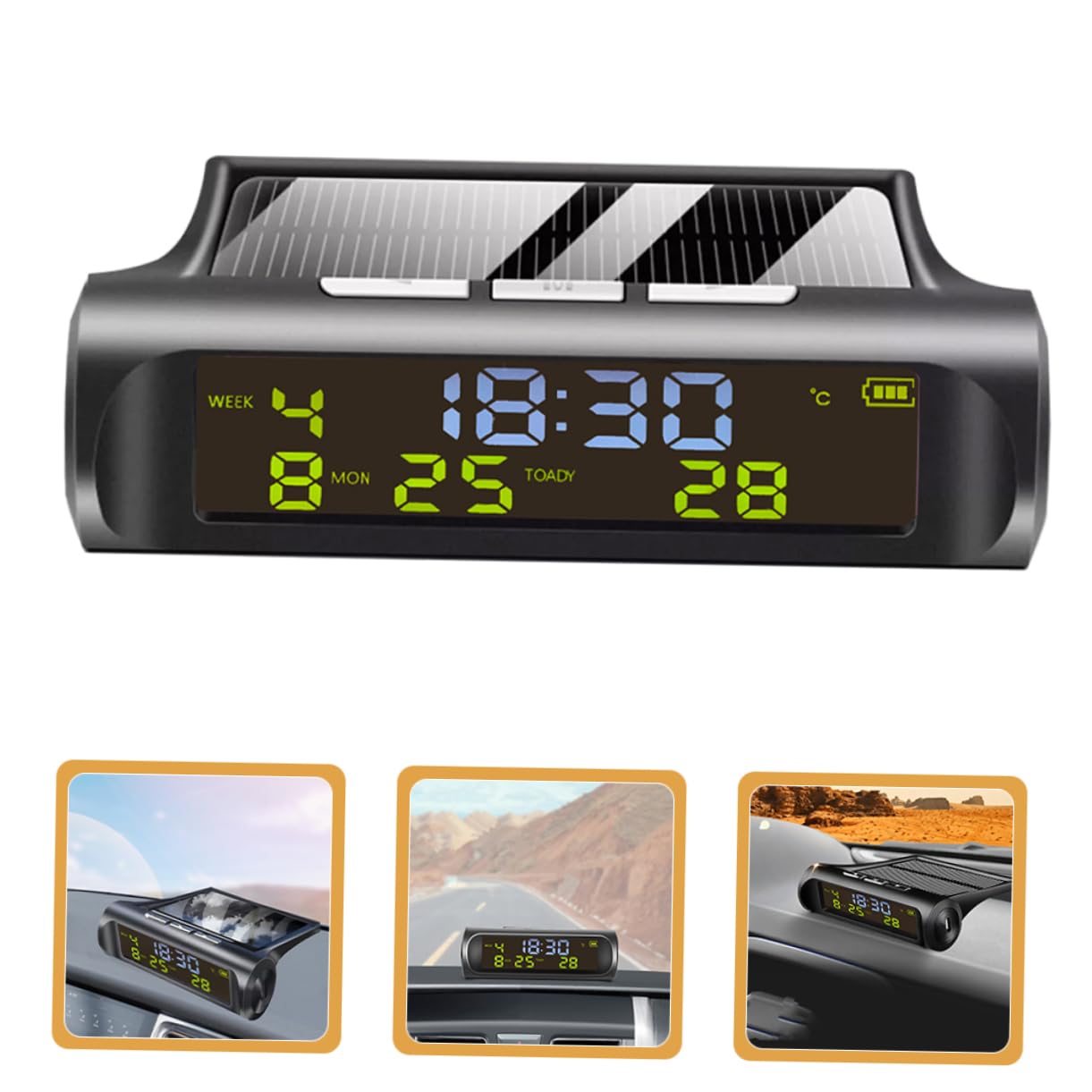 PLAFOPE Reloj Digital para Coche de Salpicadero Termómetro Solar Automático Medidor de Temperatura Reloj Multifuncional para Salpicadero de Coche