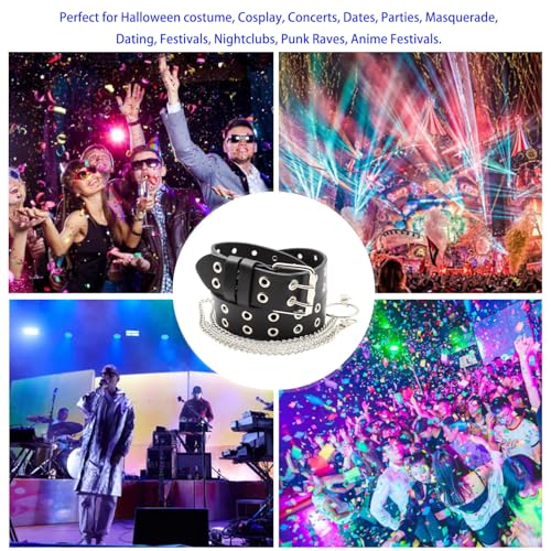 Women’s Punk Belt,Women Grommet Leather Belt with Double Detachable Chains, Punk Rocker Waist Chains, Fashionable PU Leather Bondage Belt for Women4