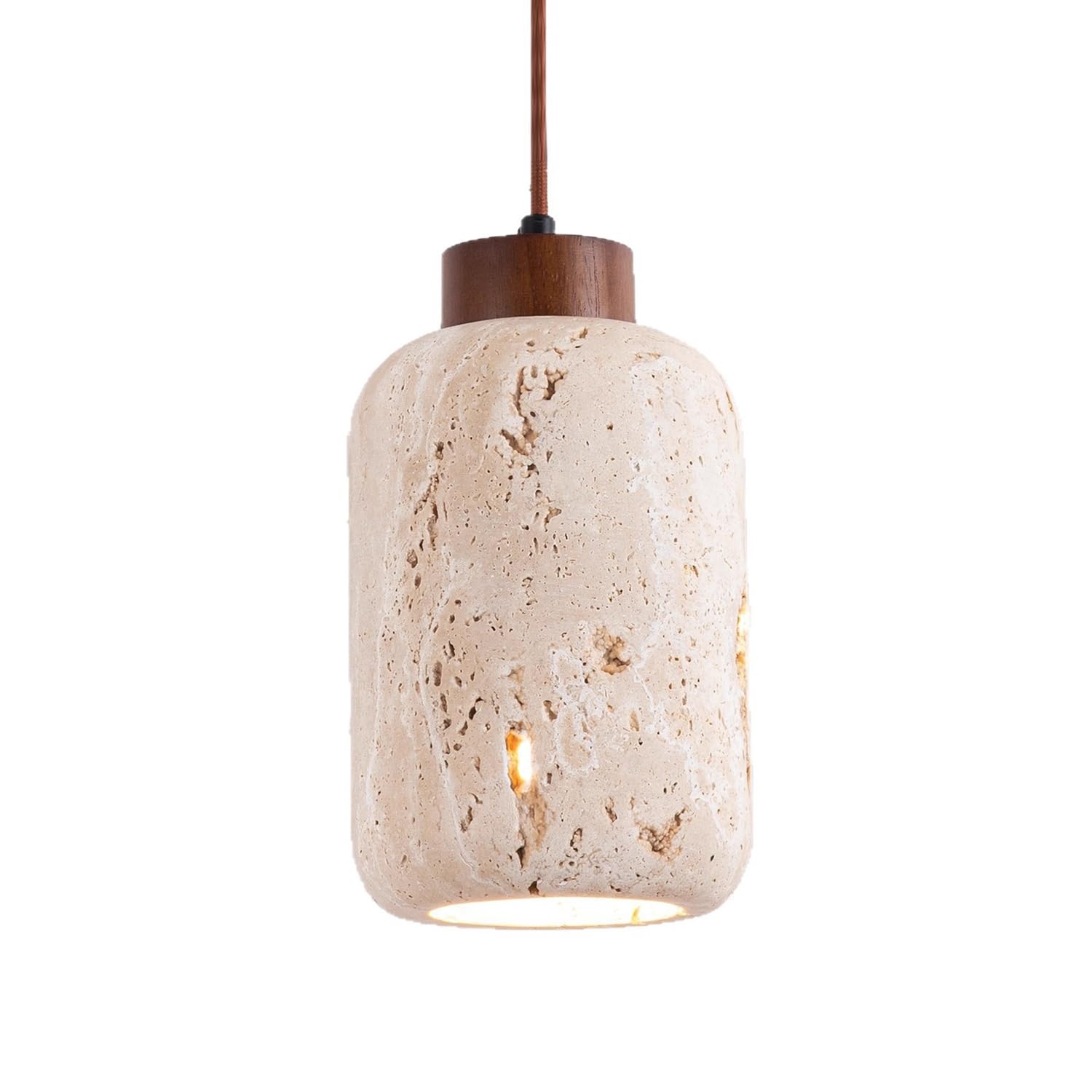 MTNROO Yellow Travertine Ceiling Hanging Light 8.6 Inch Pendant Lamp Cylindrical Natural Porous Travertine Stones Single Head E27 Base Wabi-sabi Style Hard-Wired for Home Teahouse Hallway