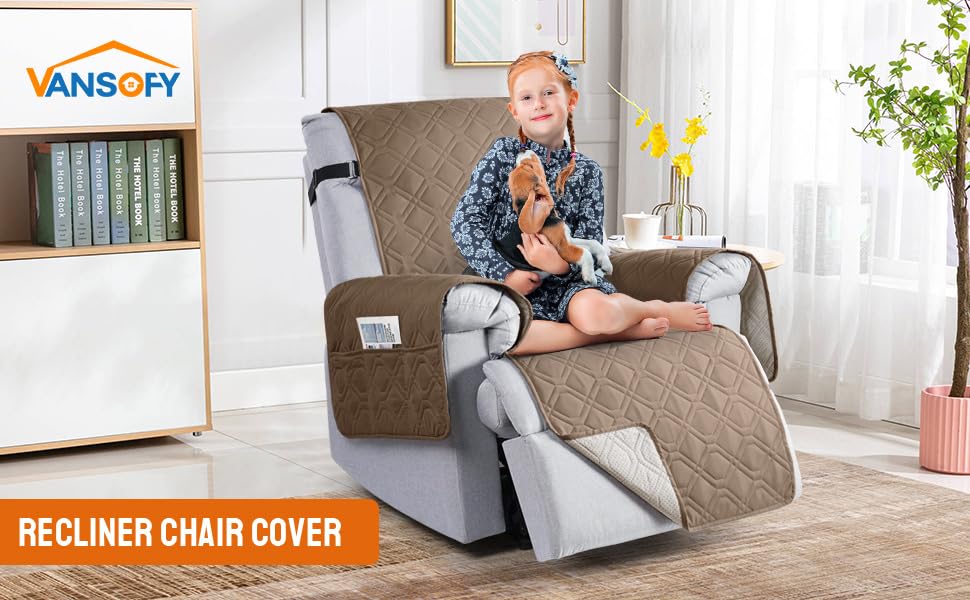 Image of VANSOFY 100% Waterproof Recliner Chair Covers, Recliner Cover Non-Slip Dog Chair Cover Furniture Protector Washable Slipcover with Pocket, Elastic Straps for Pets, Dogs(Light Brown, 28 inch)