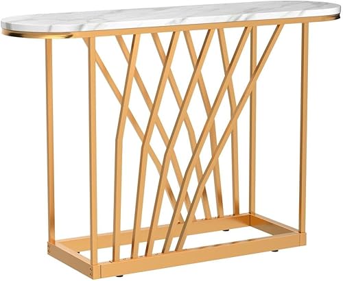 Miniatura 5 de Tribesigns Mesa consola dorada mesa de sofá blanca moderna de 43 pulgadas con mármol sintético mesa ovalada de madera para pasillo mesa de entrada