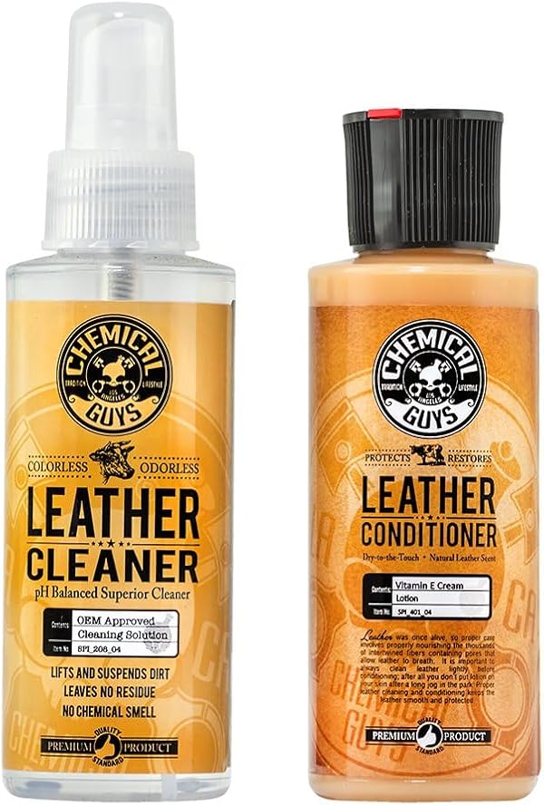 Chemical Guys Leather Cleaner and Conditioner Kit - 2 Bottles (4 oz Each), Car Cleaner and Conditioner, Safely Cleans & Conditions Leather Car Interiors, Furniture, Shoes, Boots, Bags, Apparel & More, 4 Fl Oz KIT