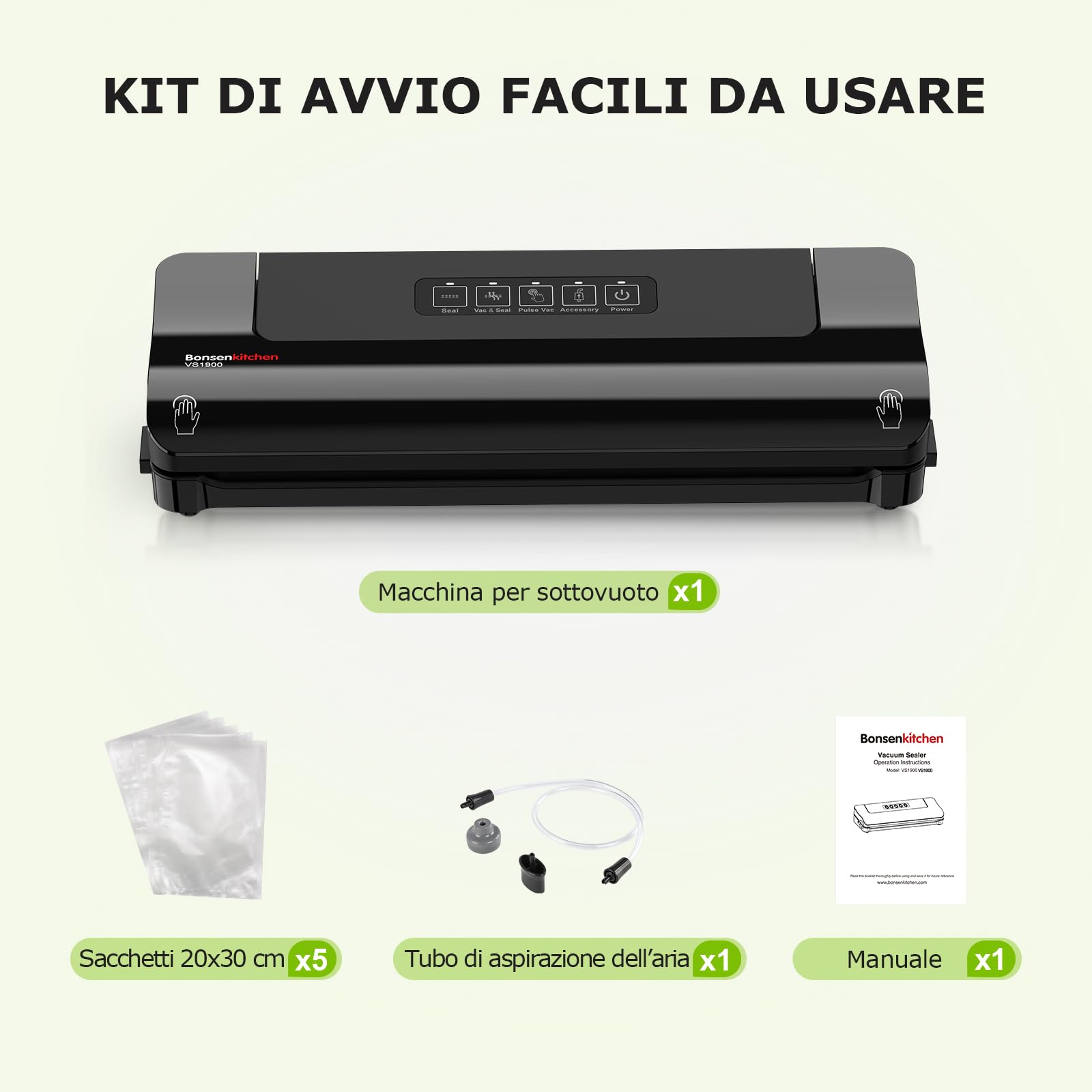 Bonsenkitchen Envasadora al Vacío, Máquina Envasadora al Vacio Domestica Rápida y Compacta, Alta Velocidad de Trabajo Continuo, incluye Bolsas de Vacío y Mangueras Accesorias