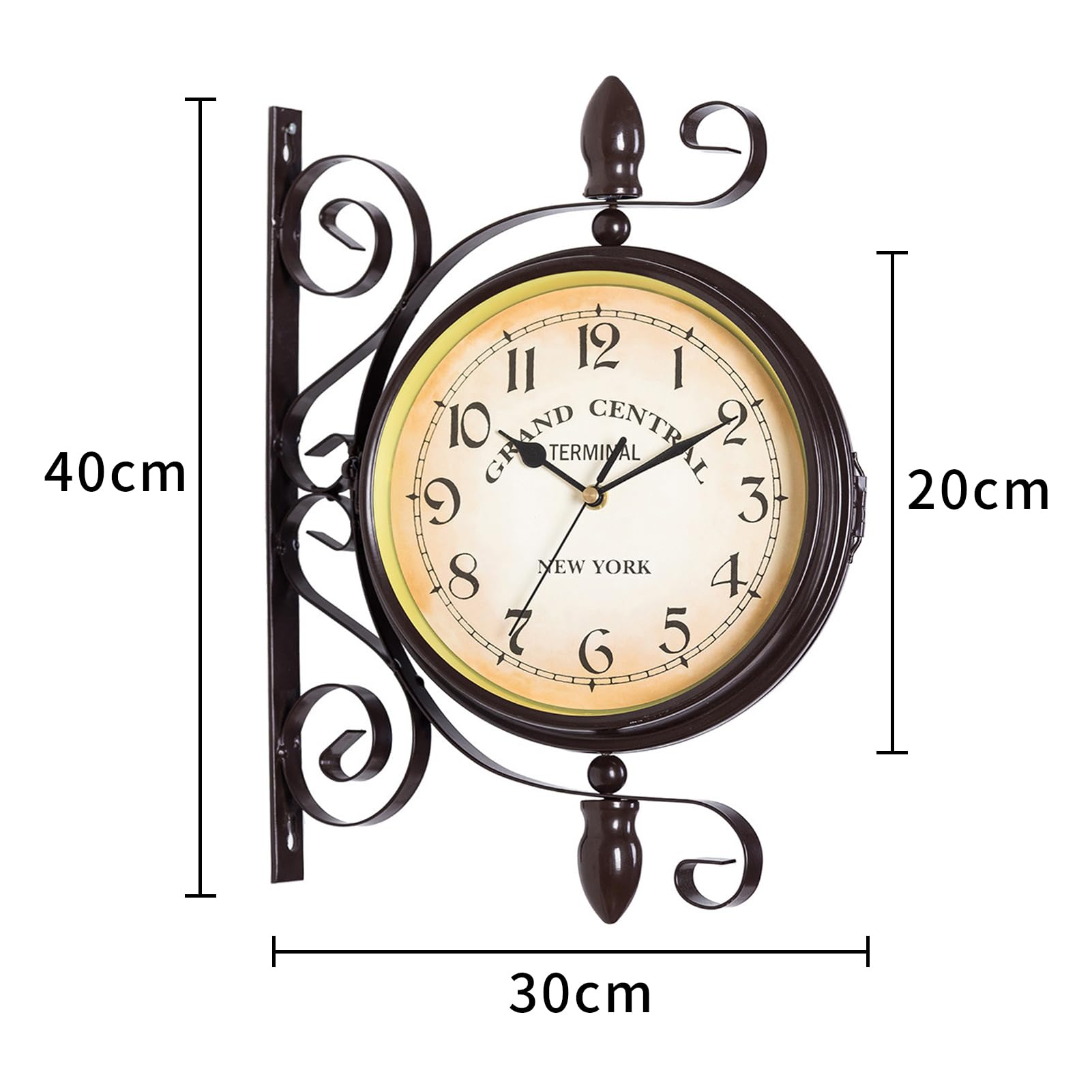 Reloj de pared doble de estilo antiguo, reloj de pared de hierro con números arábigos, reloj de jardín vintage para estación, pasillo o jardín