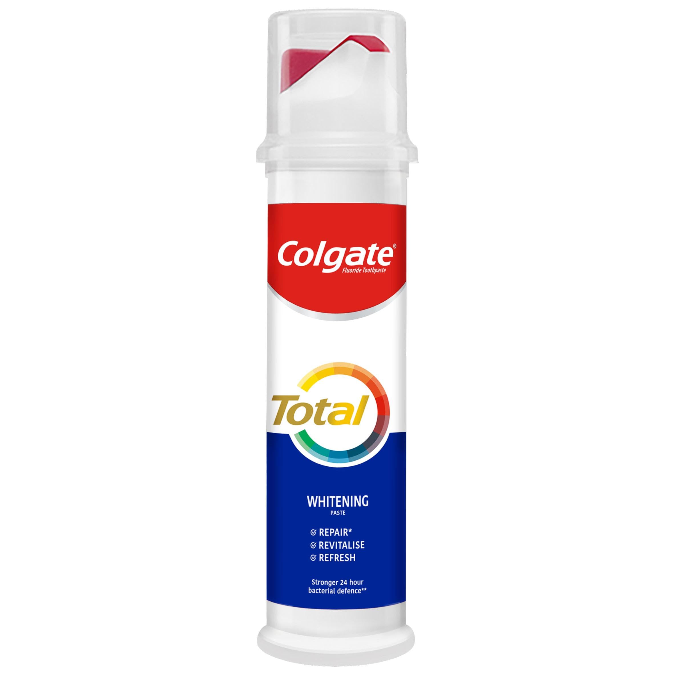 ColgateTotal Whitening Fluoride Toothpaste Pump 100ml | effective stain removal | complete protection for your whole mouth against cavities, strengthens enamel and freshens breath