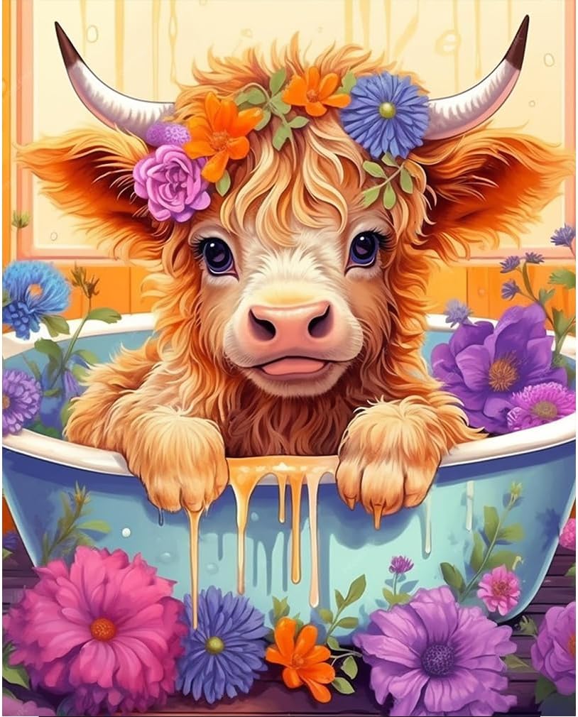 Cow Diamond Painting Kits for Adults Beginners - Flower Diamond Art Kits for Adults,DIY Round Full Diamond Gem Art Suitable for Home Wall Decor Gifts(11.8x15.7in)