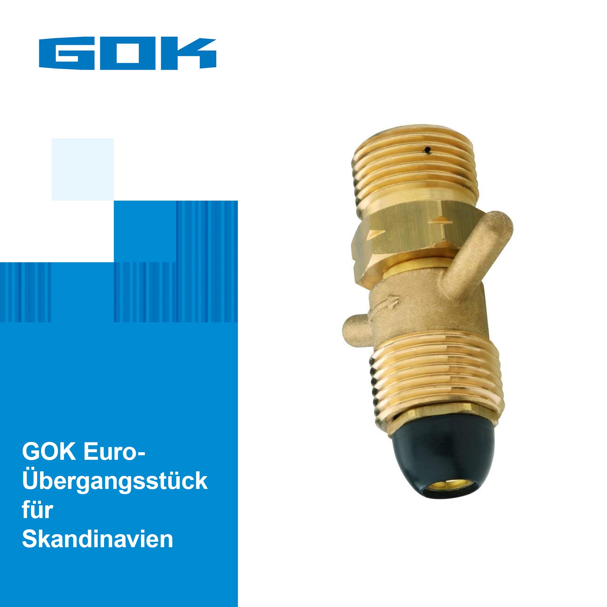 GOK Gasadapter Skandinavien, Euro Übergangsstück für Gasflasche, aus Messing, Gasflaschen-Adapter AG KLF (G.12) x AG POL weich mit Flügelschraube (G.10)